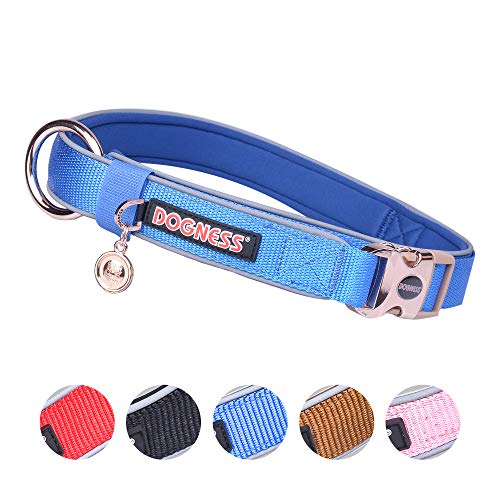 DOGNESS Classic Dog Collar, Comfort Soft Neoprene Padded Nylon, Ultra Safety Reflective Piping, 4 Sizes 5 Colors for Small Medium Large Dogs, Matching Leash Sold Separately (XS/S: 8-13 inch, Blue)