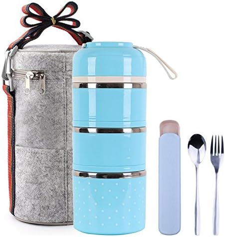 Bento Lunch Box For Kids Students and Adult - Vitalt Stainless Steel Insulated Lunch Box Leakproof Office Snack Food Storage Container with Lunch Bag Carrier,Spoon and Fork Cutlery Set (blue (3-Tier))