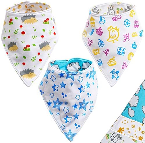 Baby Bibs - Set of 3 Dribble Proof Organic Cotton Reversible Bandana Bibs