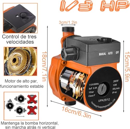 Presurizador de Agua 1/3HP, 110V 260W Bomba Presurizadora Automática, 50L/min de Gran Flujo Riego para Calentador Agua, Regadera, lavadora, baños(Elevación: 12M)
