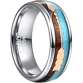Vakki Rose Gold Arrow Tungsten Ring for Men Koa Wood and Turquoise Inlay 8mm Silver Wedding Band Size 7-12