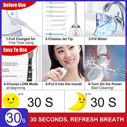 Water Flosser, Cbiumpro 300 ML Professional Cordless Water Flosser Portable Rechargeable Electric Oral Irrigator Teech Cleaner IPX7 Waterproof Dental Water Flosser with 8 Jet Tips, Travel Pouch - Thumbnail 3