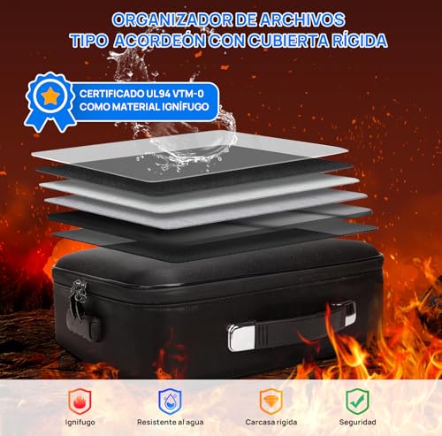 Caja Ignífuga para Documentos, Organizador de Archivos Ignífugo de Carcasa Dura con Cerradura y Carpeta Acordeón con13Bolsillos, Caja Fuerte Portátil para Hogar, Oficina y Viajes Negro