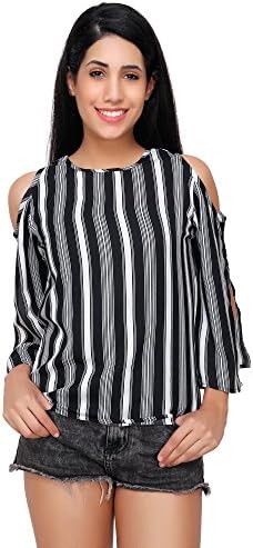 Acanthus Black and White Striped Cold Shoulder Top for Womens