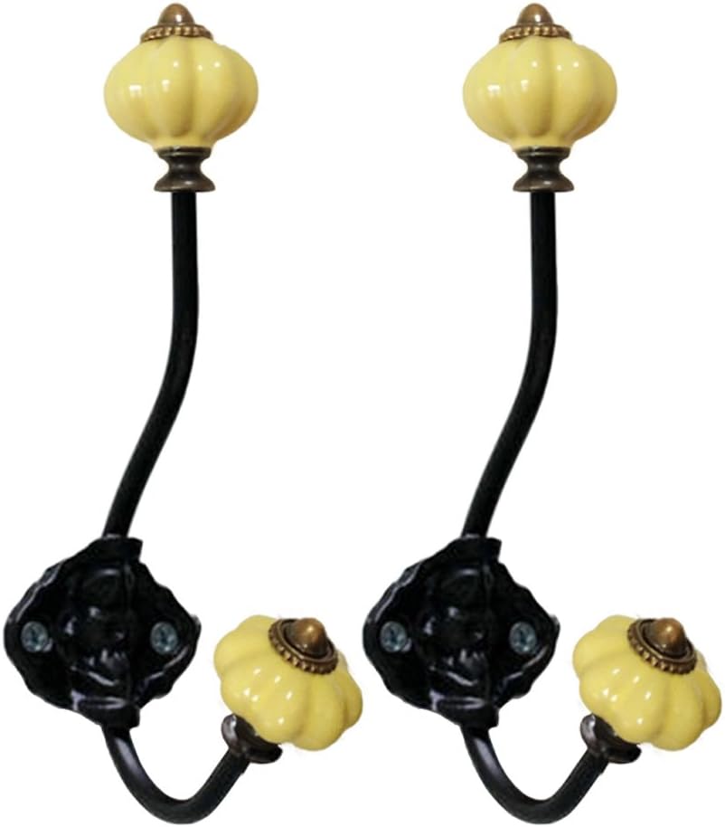 ELECNOVACoat Hooks-Vintage Ceramic Iron Pumpkin Hooks Wall Hooks for Coat Jewelry Hat Scarf Home Decoration-2 Pack (Yellow)