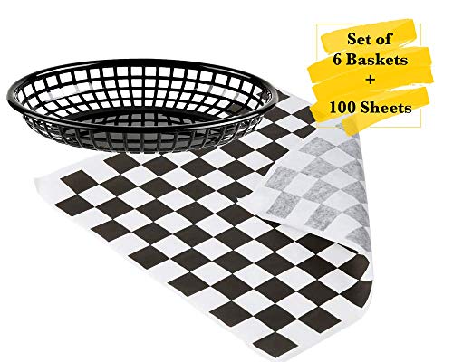 MM Foodservice Combo Fast Food Baskets and Grease Resistant Deli Paper. Set of 6 Oval Plastic Fast Food Baskets + Set of 100 Sheets 12”x12” Deli Paper (Black) - Thumbnail 2