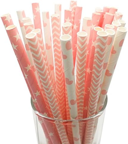 150 Pieces Disposable Paper Straws Drinking for Baby Shower, Birthday,Wedding,Party with Pink