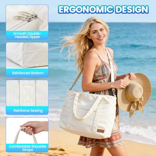Virape Beach Bag XXL Family Drawstring Fabric - Women's Beach Bag Large with Zip & Waterproof Bag, Wet/Dry Separation - Fashionable Shoulder Bag for Beach Pool Camping Holiday