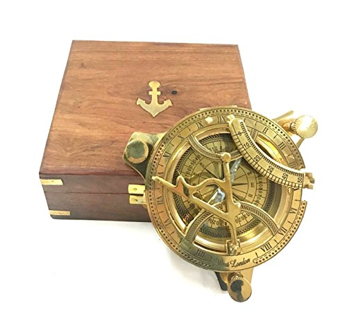 INDIA OVERSEAS TRADING CORP 4.5" Sundial Compass With Teak Wood Box Inlaid With Solid Brass