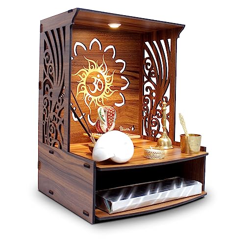 Heartily® Laabh Beautiful Wooden Pooja Stand for Home and Office - Mandir/Temple With LED Spot Light (H- 15.5, L- 11.5, W-11 Inch)