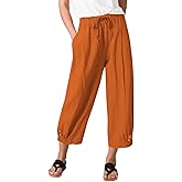 Amlztr Women's Cropped Drawstring Waist Wide Leg Loose Cotton Linen Capri Pants for Women