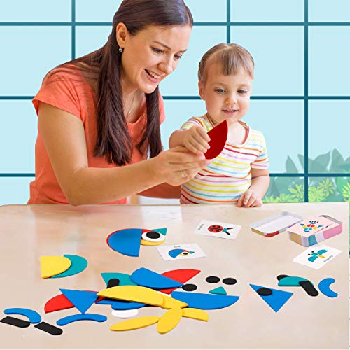 Wooden Pattern Blocks Animals Jigsaw Puzzle Sorting and Stacking Games Montessori Educational Fun Shape Tangram Toys for Toddlers Kids Boys Girls Gifts (36 Shape Pieces& 60 Design Cards in Iron Box)