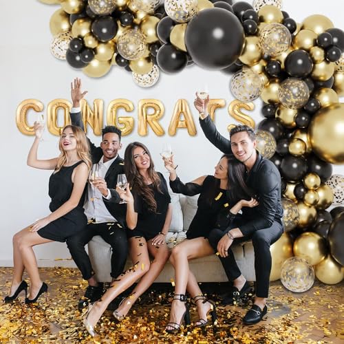 Globos Negros y Dorados Metálicos con Confeti para Graduación 2026, Kit de Guirnalda Arco de Globos Decoración Fiesta de Graduación, Adornos Decoración Graduación 133 Pzs