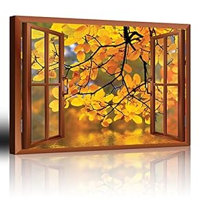 Modern Copper Window Looking Out Into a Yellow Tree Framing a Lake - Canvas Art Home Art - 24x36 inches