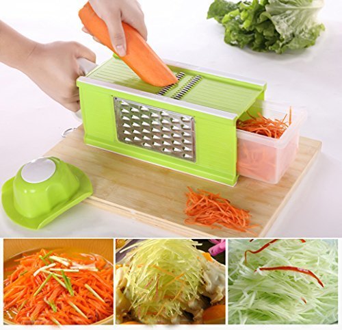 Linkcool Mandoline Slicer Kitchen Tools Set with Blades for Fruit and Cheese Cutter,Carrot Grater,Onion Chopper,Julienne Peeler with Safety Hat And Container(4 in 1 Green)