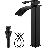 gotonovo Waterfall Tall Bathroom Faucet Single Handle Bathroom Faucets for Sink 1 Hole Stainless Steel Vessel Sink Faucet Modern Mixer Tap Wash Basin Faucet with Pop Up Drain, Matte Black