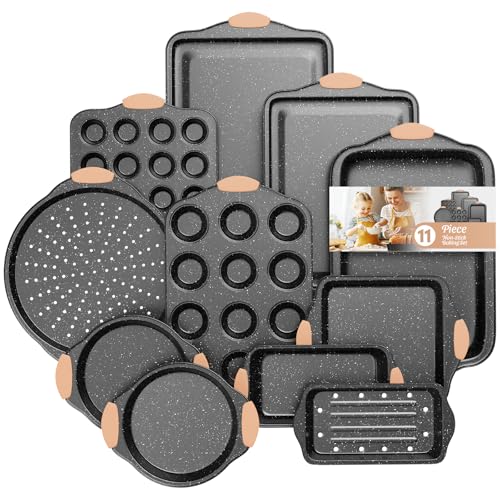 Slow Slog 11-Piece Baking Pans Set, Nonstick Bakeware Sets, Oven Pans for Baking with Silicone Handles, Includes Cookie Sheet, Cake Pans, Loaf Pan, Pizza Pan, Muffin Pan, Khaki&Black