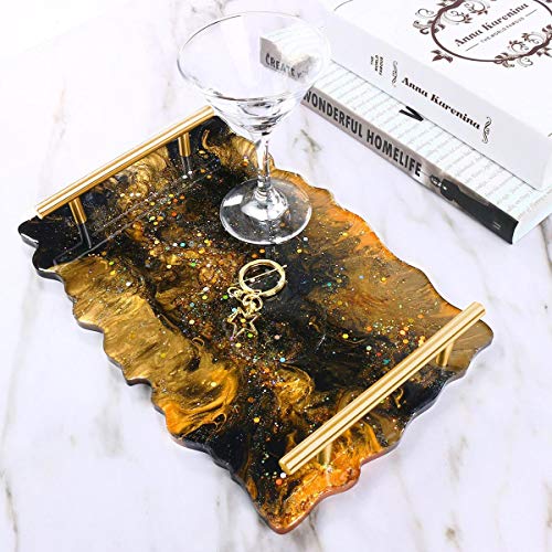 MGFAION 2 Pack Silicone Resin Tray Molds,Coaster Molds for Resin Casting Premium Geode Agate Platter Molds, 2pcs Geode Agate Tray Molds & 4pcs Gold Handles,Epoxy Resin Casting Molds DIY Craft Making