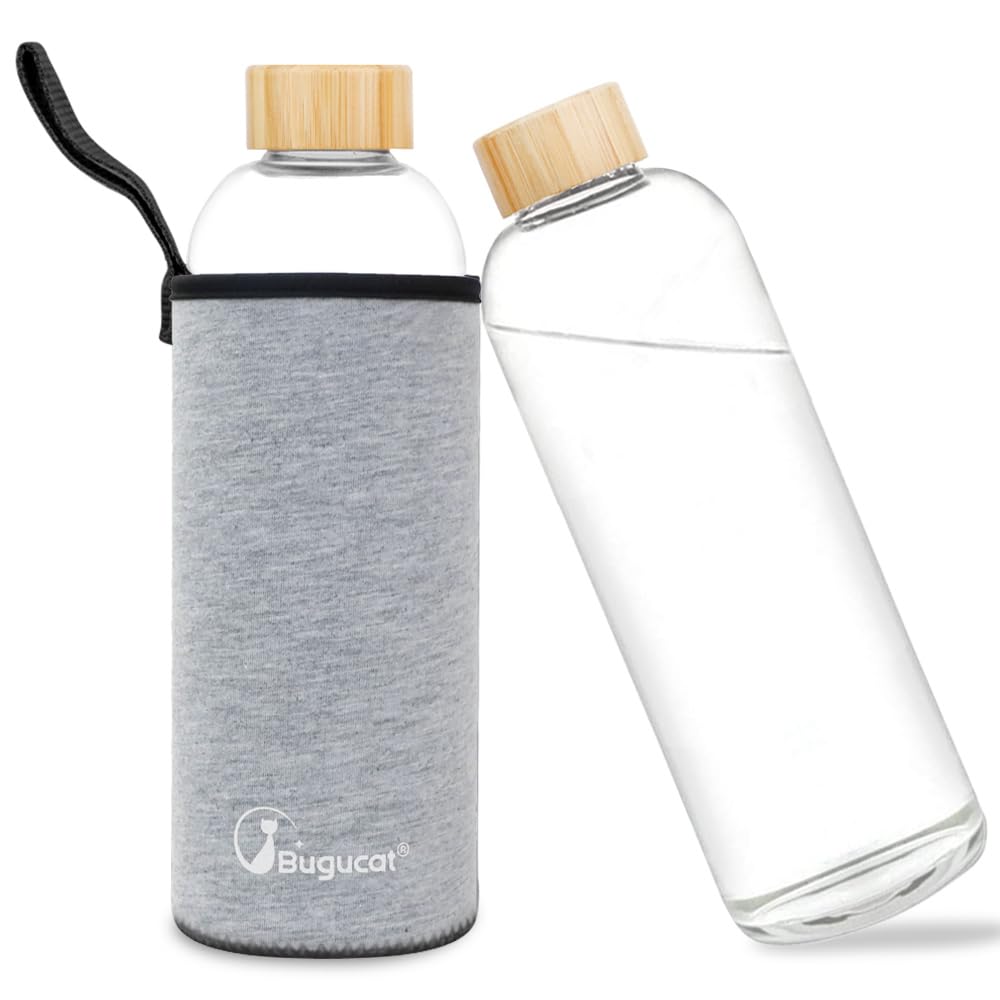 Bugucat Borosilicate Glass Water Bottle 1000ML, Reusable with Protective Sleeves and Leak-Proof Lid, Ideal for Hot and Cold Drinks, Grey