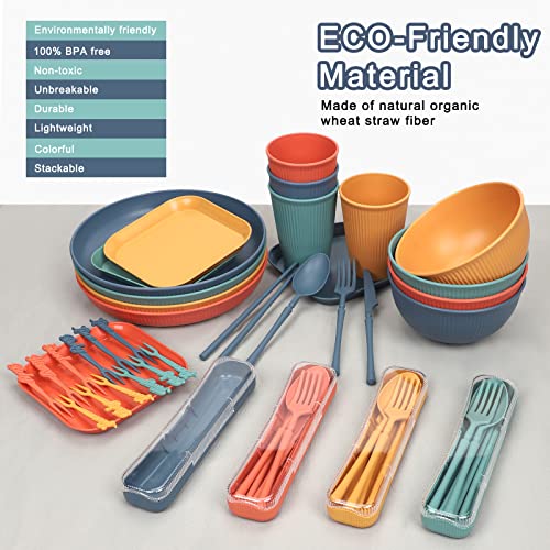 Wheat Straw Dinnerware Sets for 4, Kids Plates and Bowls Sets, Unbreakable Microwave Dishwasher Safe Tableware, Lightweight Reusable Kitchen Set Travel Camping RV Dishes