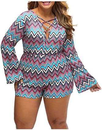 Rokiney Women's Turquoise Long Sleeve Bandage Zigzag Print Plus Size Jumpsuit XL