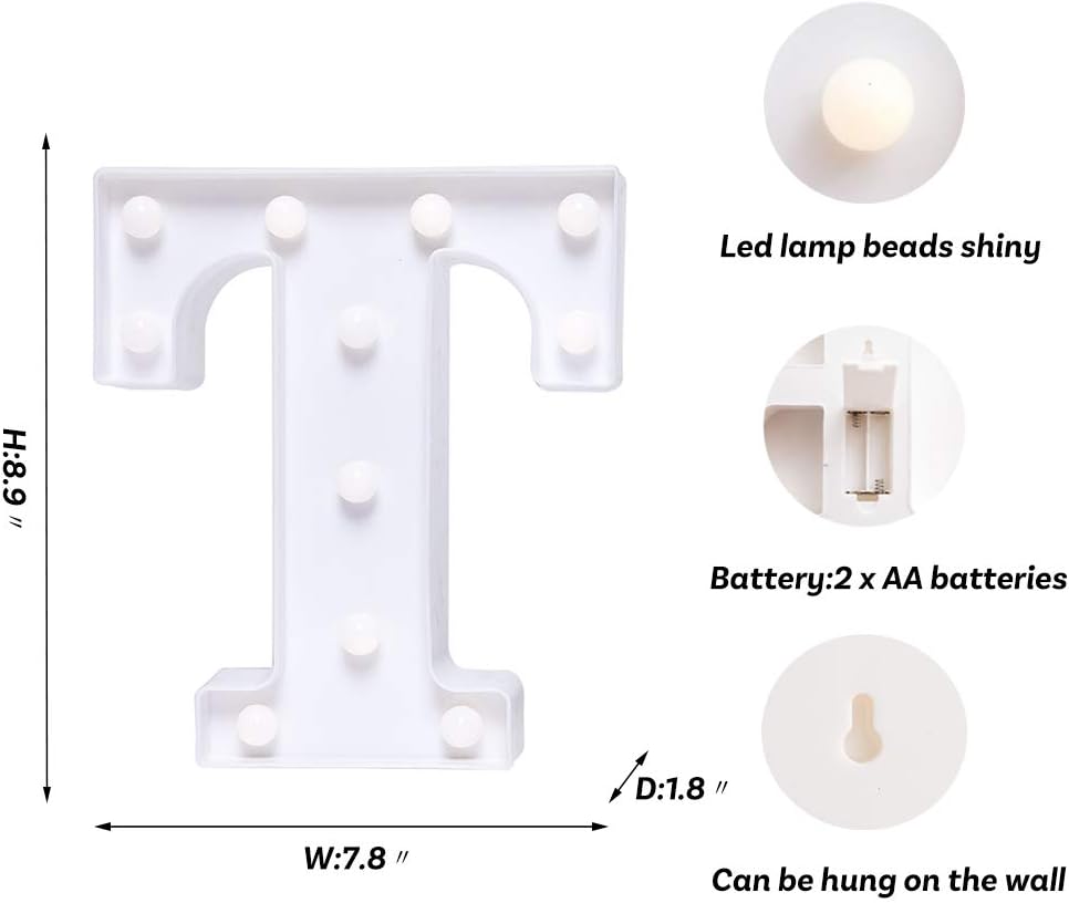 Foaky LED Letter Lights Sign 26 Alphabet Light Up Letters Sign for Night Light Wedding Birthday Party Battery Powered Christmas Lamp Home Bar Decoration (T) - Image 4