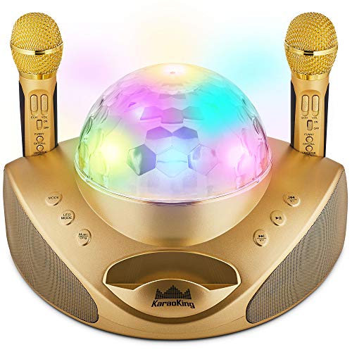KaraoKing New 2020 Karaoke Machine – for Adults and Kids -2 Wireless Karaoke Microphone, SD Card, USB, Bluetooth Compatible, Lights Function- Home, Bachelor Party, Picnic, Outdoor/Indoor [G308 Gold]