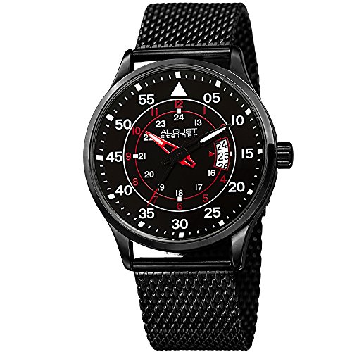 August Steiner Men's Black Case with Red Accented Black Dial and Black Stainless Steel Mesh Bracelet Watch AS8223BK