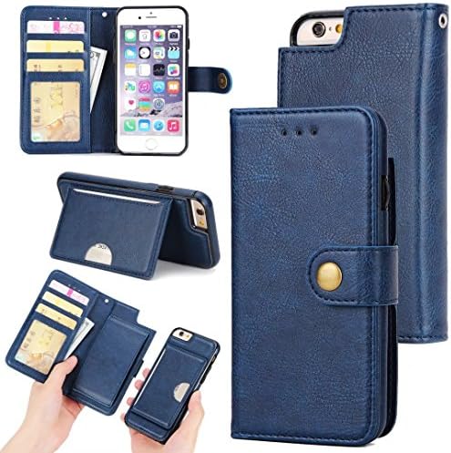 iPhone 6 Case,Zmiq Removable wallet phone case,Double Layer Shock Absorbing Premium Soft PU Color Matching Leather Wallet Cover Flip Cases For apple iPhone 6s (6/6s Blue EHY)