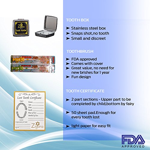 Zigora Tooth Fairy LED Pirate Pillow Kit for Boys 5 Piece Bundle Memorable Gift Set - 1 LED Pillow, 2 FDA Approved Toothbrushes, 1 Keepsake Box, 1 Lost Tooth Certificate Pad & 4 AA Batteries.