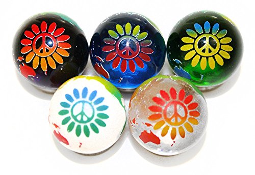 Shasta Visions 22mm Rainbow Earth Marbles with Peace Sign Flower - Pack of 5 (Limited Edition) with Stands