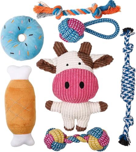 Toozey Dog Toy - 7 Durable Toys for Puppies and Small Dogs - Non-Toxic Natural Cotton Plush