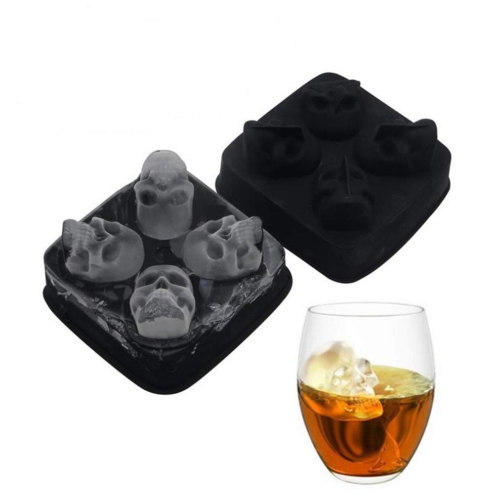 3D Skull Ice Cube Mold Silicone Ice Cube Moulds Maker with Non-Spill Lid for Whiskey Cocktail Reusable & BPA Free