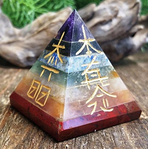 Harmony Gem Set of 7 Pyramid Chakra Set Reiki Engraved Pyramid Shaped Chakra Stone Healing Power (1 Piece Reiki Seven Layer Chakra Pyramid)