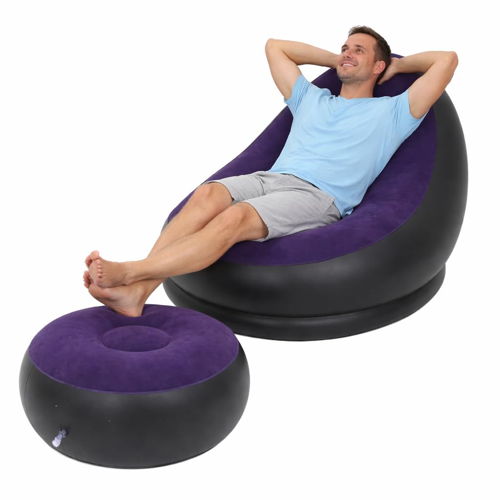 eBoutik - Deluxe Inflatable Lounge Chair & Footstool - Indoor & Outdoor Lounger - Ideal for Garden, Home, Gaming & Relaxation - Perfect Easter (Navy)