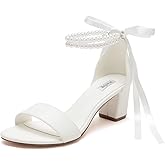Winflag Pearl Wedding Shoes Open Toe Block Heel Wedding Sandals Chunky Heel Bridal Shoes