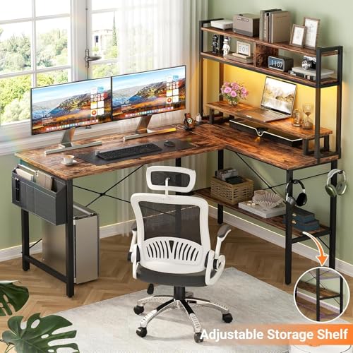 iSunirm L Shaped Gaming Desk with Power Outlets & LED Lights, Small L- Shaped Computer Corner Desk with Monitor Stand & Storage Shelf, Gaming Table with Storage Bag, Brown