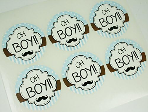 12 OH BOY!! Mustache Print Round Favor Stickers 2 inch Diameter