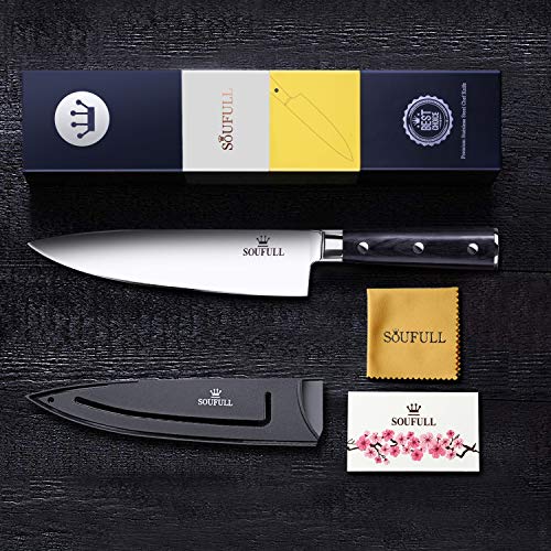 Professional Chef Knife- Soufull 8 inch High Carbon Stainless Steel Kitchen Knife-Razor Sharp Durable Blade&Ergonomic Pakka Wood Handle-Guard Included