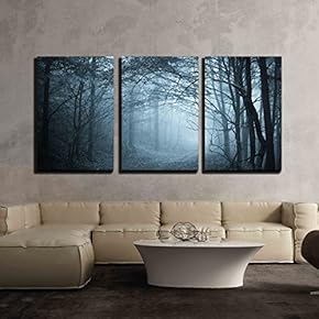3 Piece Canvas Wall Art - Blue Light in a Mysterious Forest with Fog - Modern Home Art Stretched and Framed Ready to Hang - 16"x24"x3 Panels