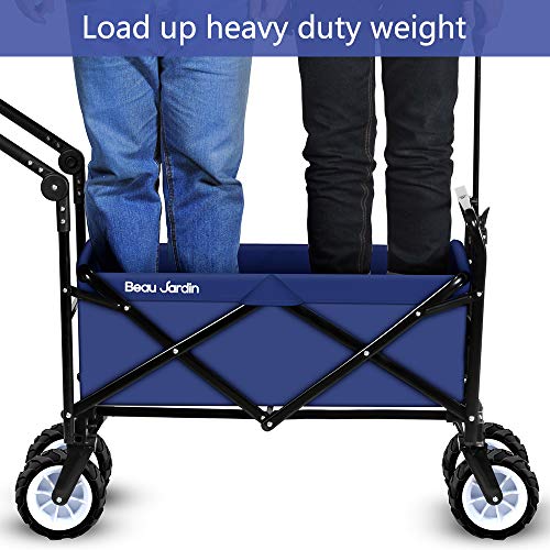 BEAU JARDIN Folding Push Wagon Cart Collapsible Utility Camping Grocery Canvas Fabric Sturdy Portable Rolling Lightweight Buggies Outdoor Garden Sport Heavy Duty Shopping Cart Wagons With Wheels