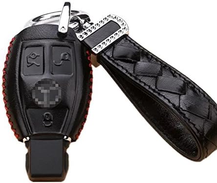 Genuine Leather Key Case Cover Shell For Mercedes-Benz 3-Button Keyless Entry Remote Control Smart Car Key Protection Fob Skin Cover Etui with Diamond Braided Key Chain & Key Rings in Black Set)