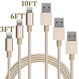 iphone Charger, GOOLEEN 3Pack Lightning Cable 3ft 6ft 10ft Nylon Braided Extra Long USB Charging Cord for iphone se/6s/6s plus/6plus/6/5s/5c/5,iPad Mini/Air/5,iPod. Compatible with iOS9.(Gold)