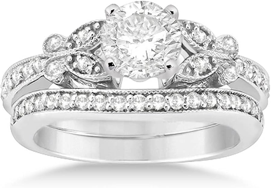 Butterfly Engagement Ring and Wedding Band Bridal Set 14k White Gold (0