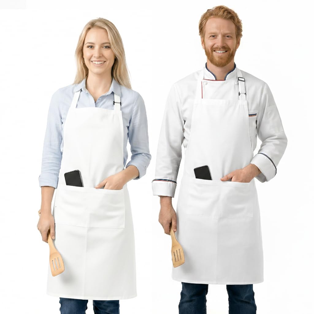 LivinEase Aprons for Women & Men, 2 Pack – Adjustable Aprons with 2 Pockets, Kitchen Aprons for Cooking, Baking, BBQ, Gardening - White