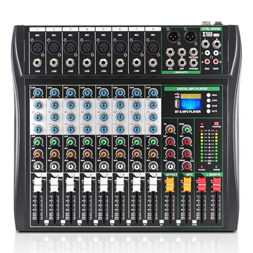 XTUGA CT80 8 Channel Audio Mixer for PC Recording Professional Sound Board Built-in Digital Effect Studio Mixer with 48V Phantom Power RCA Input Output MP3Bluetooth EQ
