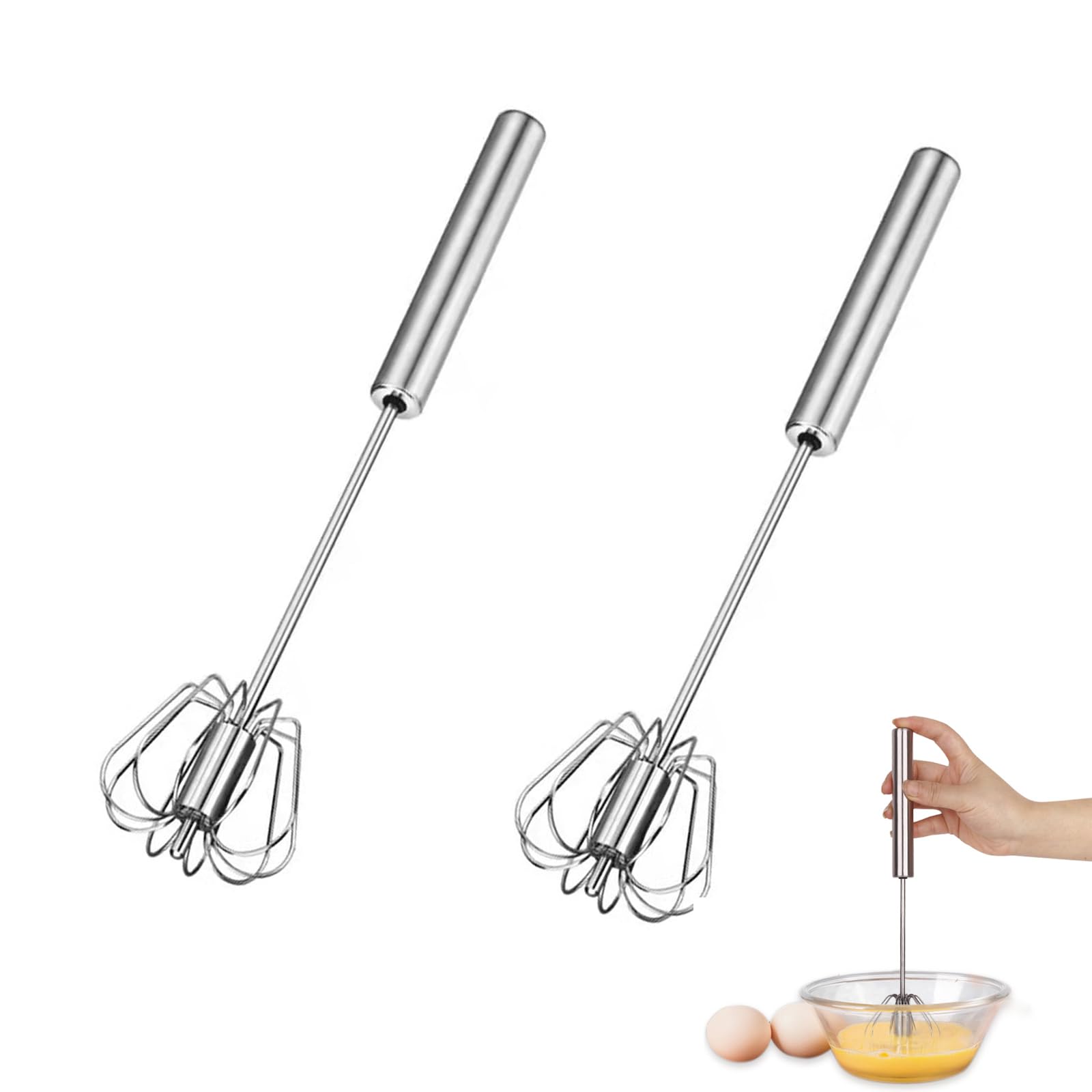 MFCGHXR 2 Pcs Egg Mixers, Multifunctional Stainless Steel Semi-Automatic Hand-Held Push-Type Whisk, Milk Whisk, Rotary Kitchen Utensil Mixer, for Blending, Whisking, Beating & Stirring(10 Inches)