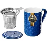 Yachi 19oz Porcelain Ceramic Tea Mug with Infuser and Lid Loose Leaf Tea Steeper Microwave & Dishwasher Safe for Tea, Coffee, Milk, Home & Office (Dark blue Embossed Porcelain Tea Cup)