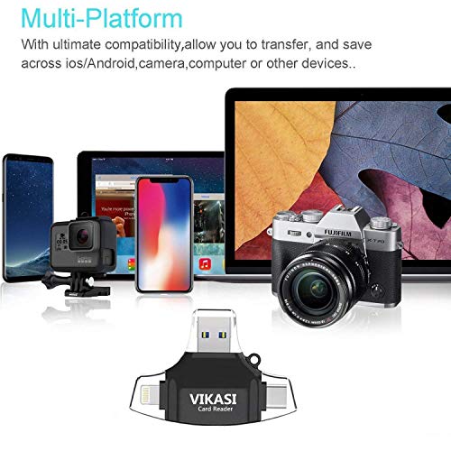 VIKASI SD Card Reader,Memory Micro SD Card Reader USB Type C Adapter Viewer Compatible with iPhone iPad Android Mac - with Lightning Micro USB Type C 4 in 1 (Black) - Thumbnail 2