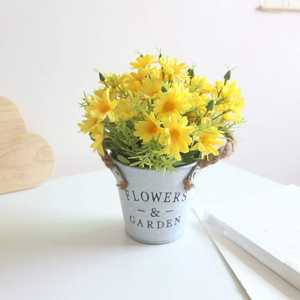 Amazon Com Uupp Potted Artificial Daisy Flowers Bonsai Plant Fake Flowers In Metal Pot For Home Office Windowsill Decor Yellow Kitchen Dining